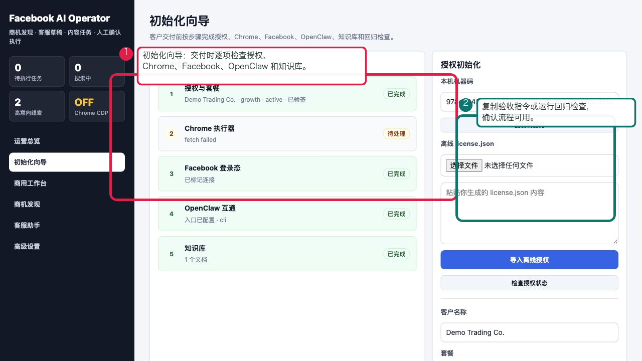 Annotated setup wizard for Facebook AI Operator